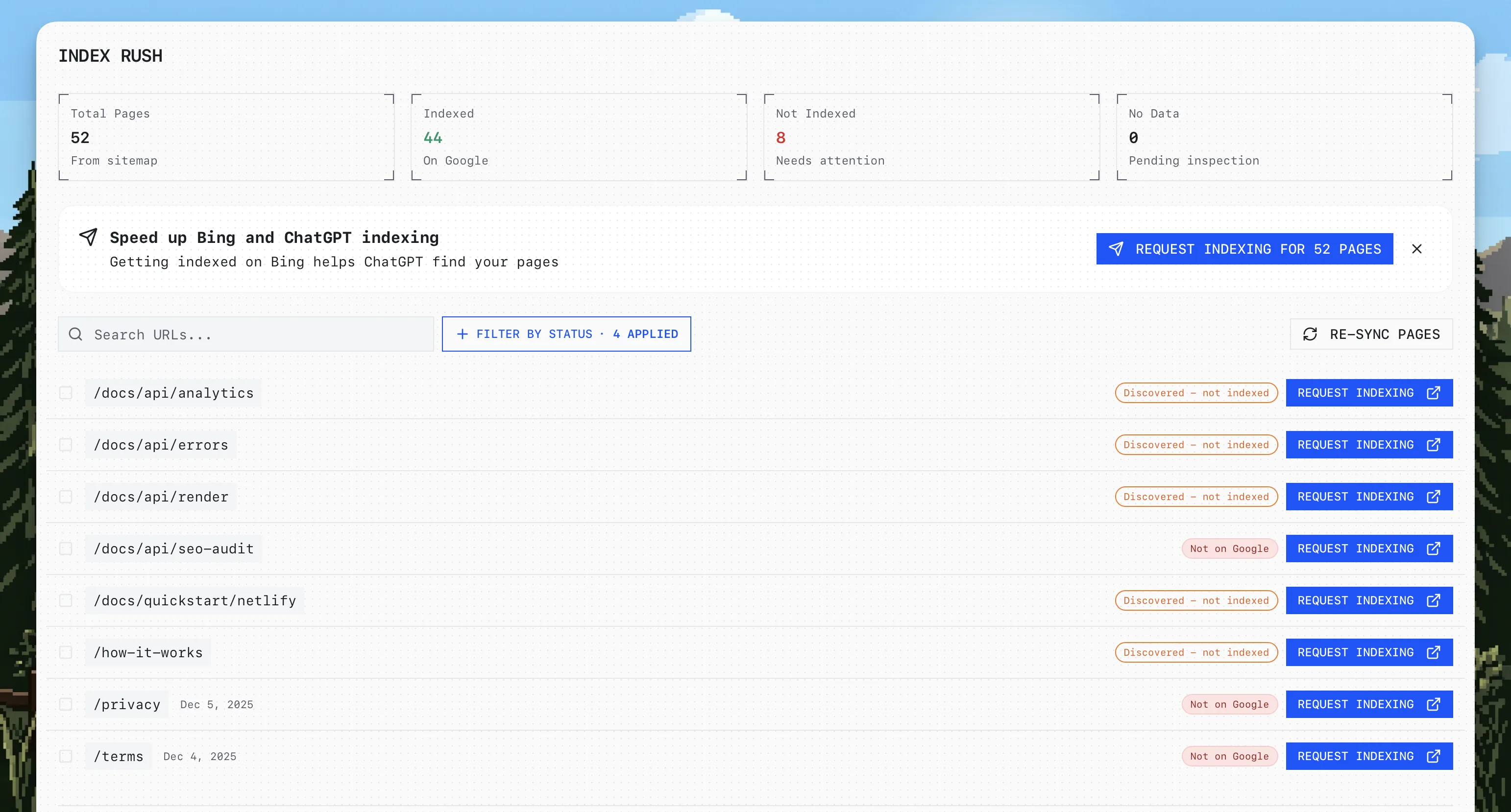 Index Rush dashboard requesting Bing and ChatGPT indexing